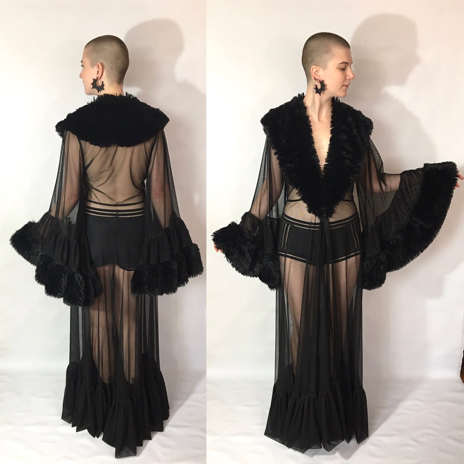 Gothic Glamour Bombshell Gown in Black with Floor Length Sheer Cape Sleeves  – pinupgirlclothing.com